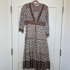 Veronica Beard White and Brown Patterned Long Sleeve Dress